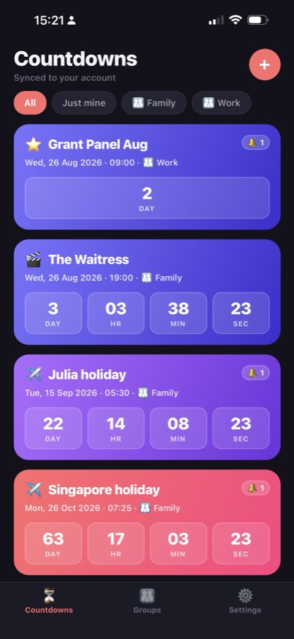 A list of countdowns as colourful gradient blocks, each showing days, hours, minutes and seconds