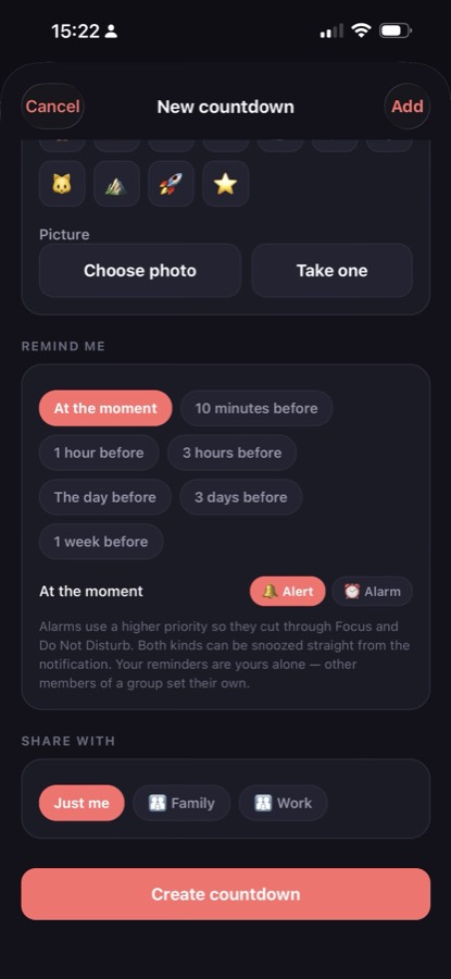 Reminder options from at the moment to a week before, as an alert or an alarm, and who to share the countdown with